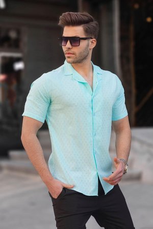 Бирюзовая приталенная мужская рубашка с коротким рукавом из 100% хлопка 5585 Madmext