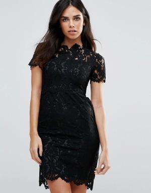 Кружевное цельнокройное платье с короткими рукавами Zibi London. Цвет: черный