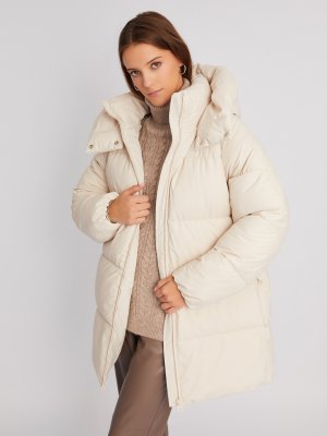 Тёплая куртка-пальто из экокожи с капюшоном zolla. Цвет: молоко