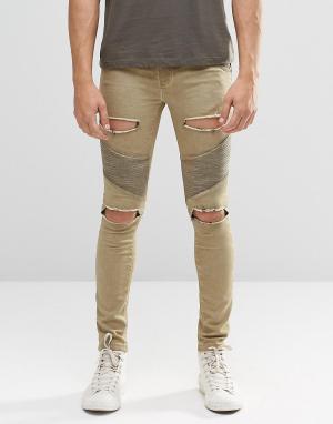 Байкерские джинсы скинни с рваной отделкой SikSilk. Цвет: stone