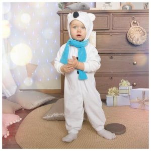 Карнавальный костюм для малышей «Медвежонок белый» с голубым шарфом, велюр, хлопок, рост 74-92 см Страна Карнавалия
