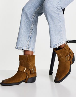 Коричневые замшевые ботинки в стиле вестерн на каблуках и с ремешками -Коричневый цвет Bronx