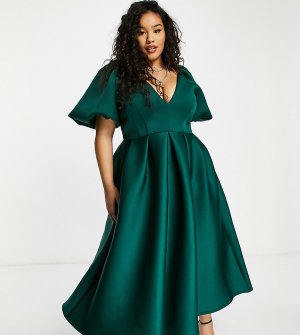 Приталенное платье миди темно-зеленого цвета для выпускного с расклешенной юбкой -Зеленый True Violet Plus