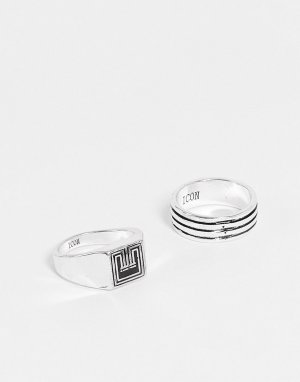 Набор из 2 серебристых колец с дизайном ар-деко -Серебряный Icon Brand