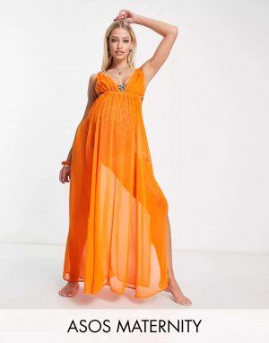 Оранжевое прозрачное пляжное платье макси с глубоким вырезом и веревочной отделкой ASOS DESIGN Maternity