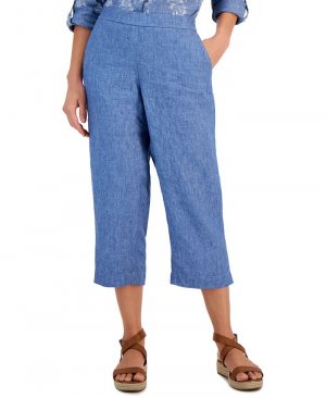 Женские укороченные брюки без застежек из 100% льна , цвет Blue Ocean Charter Club