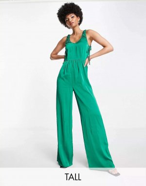 Зеленый атласный комбинезон с широкими штанинами и сборками по бокам Tall Lola May