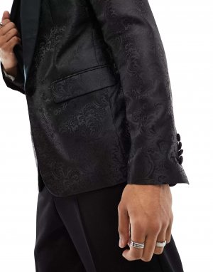 Черный узкий пиджак с узором пейсли и бархатными лацканами Gianni Feraud