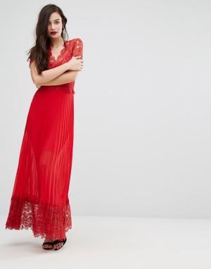 Плиссированное платье миди с кружевной отделкой лифа Bodyfrock Body Frock. Цвет: красный