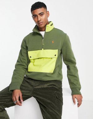 Темно-зеленый свитшот с контрастным карманом и молнией на воротнике логотипом Polo Ralph Lauren