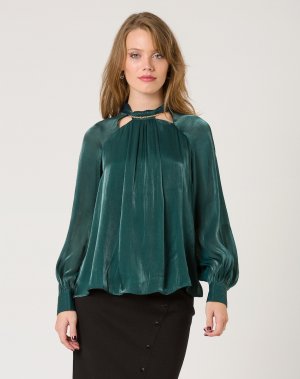 Женская блузка с длинными рукавами-фонариками и цепочкой , темно-зеленый Naf