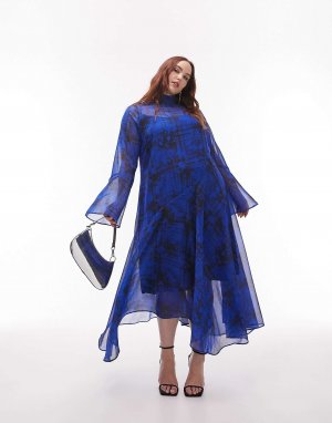 Кобальтовое платье миди в клетку Curve с рифлеными швами и цветочным принтом Topshop
