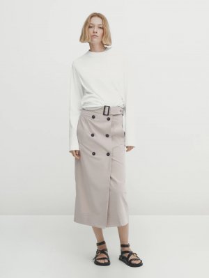 Юбка Belted Double-buttoned Midi, бежевый Massimo Dutti