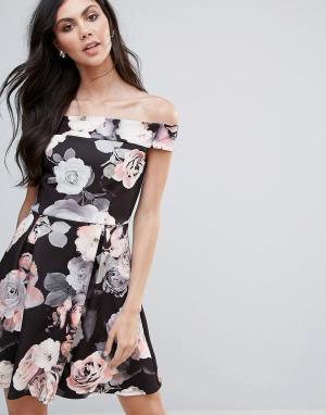 Короткое приталенное платье со спущенными плечами и цветочным принтом Jessica Wright. Цвет: мульти