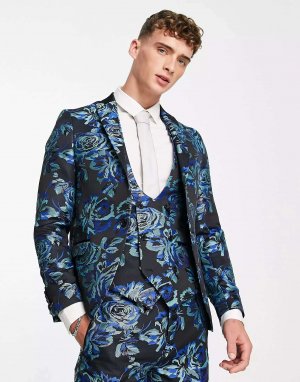 Черный пиджак owsley с бирюзовым и мятным жаккардовым цветочным узором Twisted Tailor