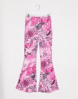 Узкие брюки от комплекта в стиле 90-х с клешем и принтом -Розовый Jaded London