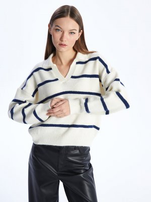 Женский трикотажный свитер оверсайз с воротником-поло в полоску и длинными рукавами , темно-синий LCW Casual