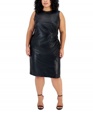 Платье-футляр из искусственной кожи больших размеров со сборками , черный Calvin Klein