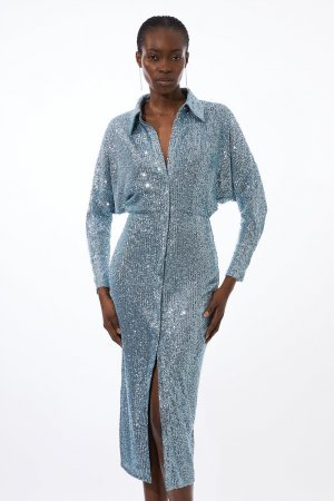 Платье-рубашка макси с пайетками из эластичного джерси Petite , синий Karen Millen