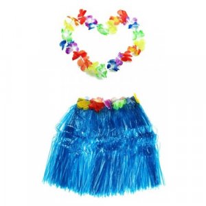 Гавайская юбка 40 см голубая, гавайское ожерелье 96 Happy Pirate. Цвет: голубой