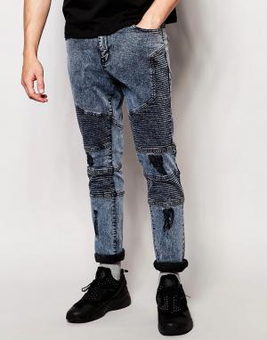 Байкерские джинсы с потертостями Nickel Pale Systvm. Цвет: синий