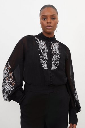Тканая блузка больших размеров с вышивкой и нагрудником , черный Karen Millen