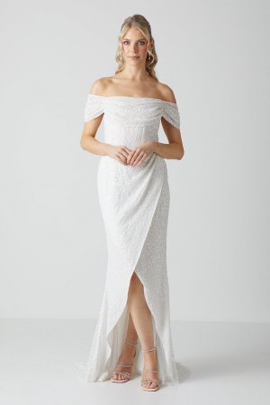 Свадебное платье с драпированной юбкой короткими рукавами и запахом , белый Coast