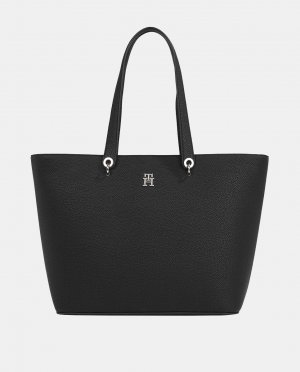 Большая черная сумка-тоут с логотипом TH и молнией , черный Tommy Hilfiger