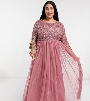 Розовое платье макси с пайетками, длинными рукавами и фатиновой юбкой -Розовый Maya Plus
