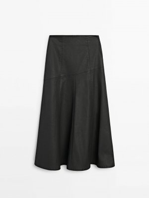 Вощеная юбка-миди со швом , черный Massimo Dutti