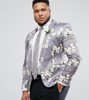 Серый облегающий блейзер с цветочным принтом ASOS PLUS Wedding DESIGN. Цвет: серый