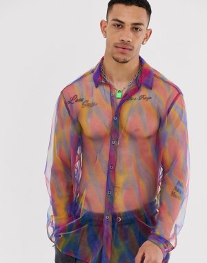 Прозрачная фестивальная рубашка с длинными рукавами и разноцветным принтом ASOS DESIGN. Цвет: синий
