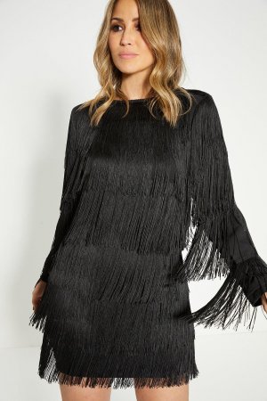 Мини-платье Rachel Stevens с длинными рукавами и бахромой , черный Oasis