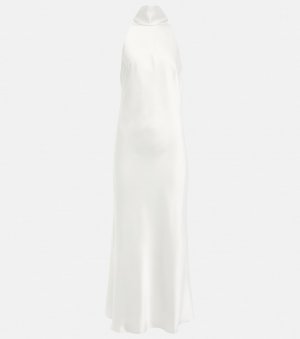 Свадебное атласное платье миди капри с вырезом халтер , белый Galvan