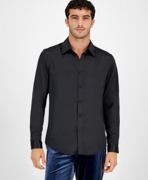 Мужская атласная рубашка с длинным рукавом и пуговицами спереди , черный I.N.C. International Concepts