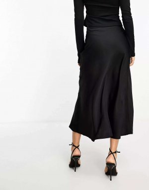Черная атласная юбка миди с косой окантовкой NaaNaa