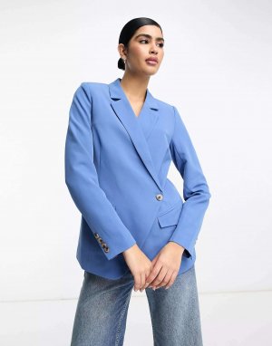 Синий пиджак строгого кроя с асимметричной застежкой Vila