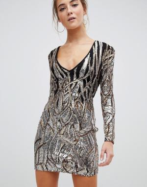 Платье с длинными рукавами, пайетками и V-образным вырезом Parisian. Цвет: черный