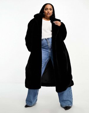 Черное длинное пальто из искусственного меха Forever New Curve. Цвет: черный