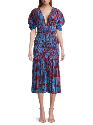Бархатное платье миди со сборками , цвет Blue Multi Stella Jean
