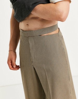 Классические широкие брюки с завышенной талией и вырезом в мелкую коричневую клетку -Коричневый цвет ASOS DESIGN