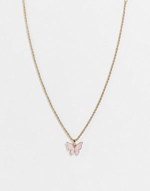Золотистое ожерелье с подвеской в виде розовой бабочкой -Розовый цвет Topshop