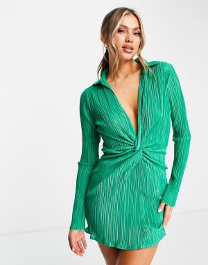 Эксклюзивное платье мини зеленого цвета из плиссированной ткани с запахом спереди и длинными рукавами Missy Empire-Зеленый цвет Missyempire