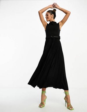 Черное платье миди с высоким воротником, плиссированной юбкой и поясом ASOS DESIGN