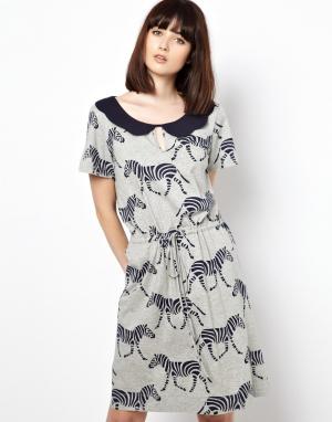 Платье с фигурным воротником и принтом «зебра» Orla Kiely. Цвет: серый меланж/темно-синий
