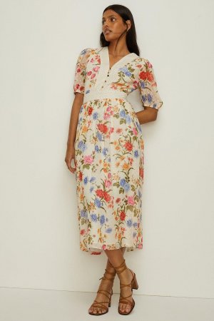 Платье миди из шифона и кружева Добби с цветочным принтом V-образным вырезом , белый Oasis