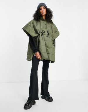 Стеганая куртка-пончо цвета хаки с капюшоном и завязкой на поясе Femme-Зеленый цвет Selected