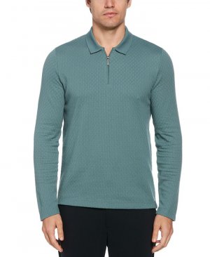 Мужская жаккардовая рубашка-поло с длинным рукавом и молнией в четверть , зеленый Perry Ellis