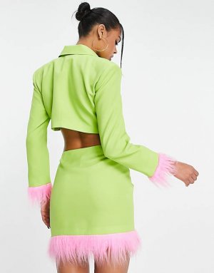 Комбинированная юбка с розовой отделкой из искусственного меха зеленого цвета ASYOU