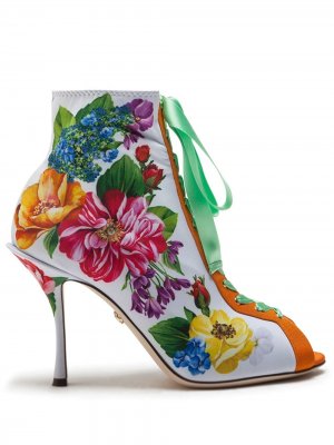 Ботильоны на шнуровке с цветочным принтом Dolce & Gabbana. Цвет: белый